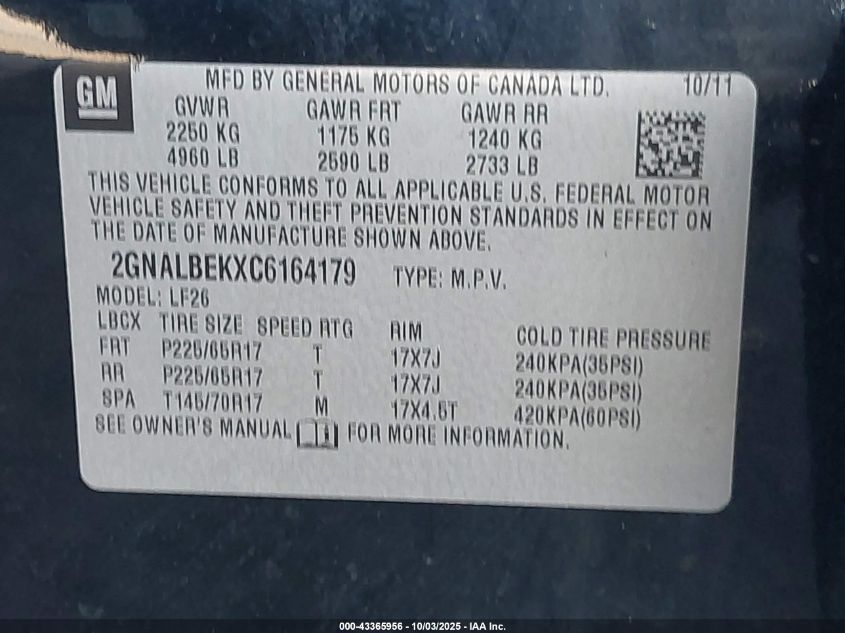 2012 Chevrolet Equinox Ls VIN: 2GNALBEKXC6164179 Lot: 43365956