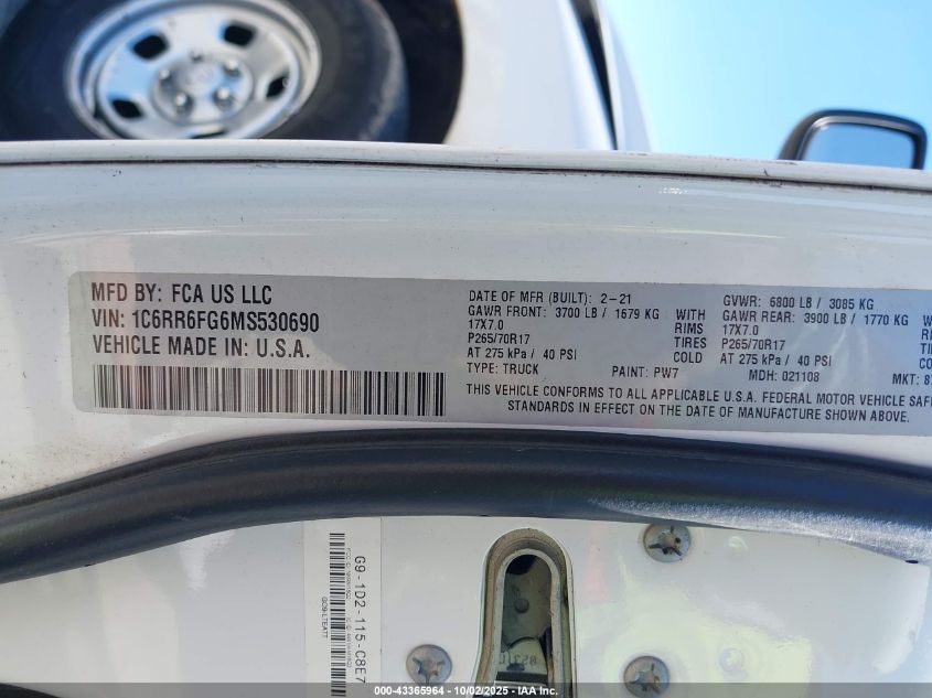 2021 Ram 1500 Classic Tradesman 4X2 6'4 Box VIN: 1C6RR6FG6MS530690 Lot: 43365964