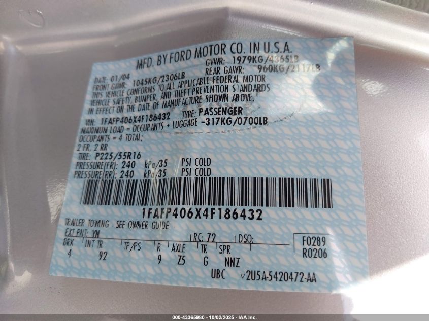 2004 Ford Mustang VIN: 1FAFP406X4F186432 Lot: 43365980