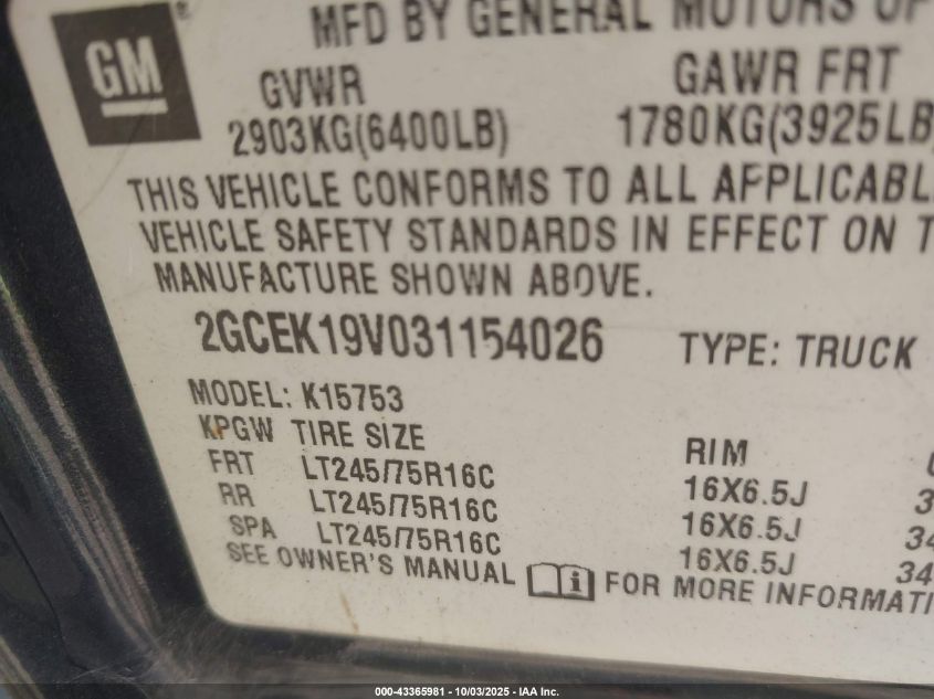2003 Chevrolet Silverado 1500 VIN: 2GCEK19V031154026 Lot: 43365981