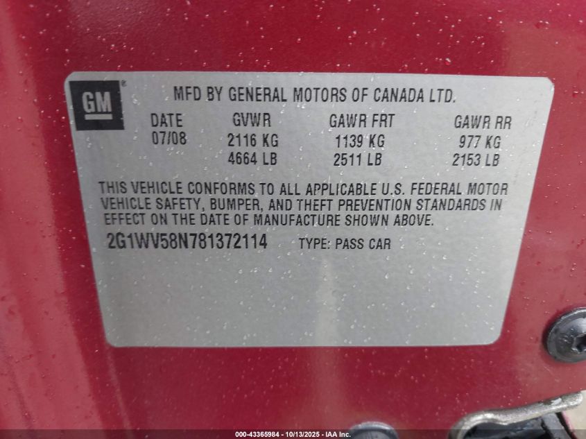 2008 Chevrolet Impala Lt VIN: 2G1WV58N781372114 Lot: 43365984