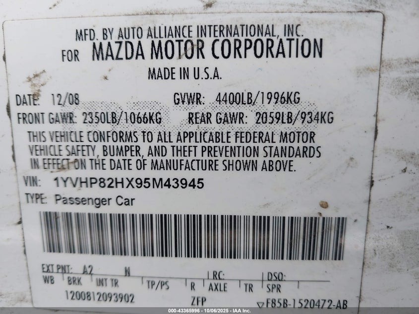 2009 Mazda Mazda6 I Touring VIN: 1YVHP82HX95M43945 Lot: 43365996