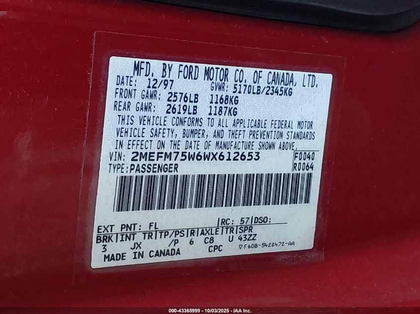 1998 Mercury Grand Marquis VIN: 2MEFM75W6WX612653 Lot: 43365999