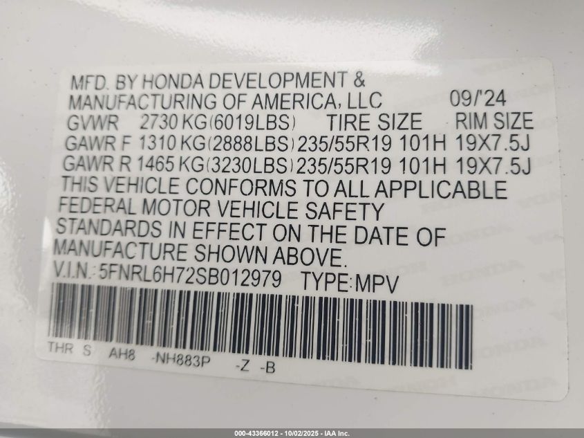 2025 Honda Odyssey Sport-L VIN: 5FNRL6H72SB012979 Lot: 43366012