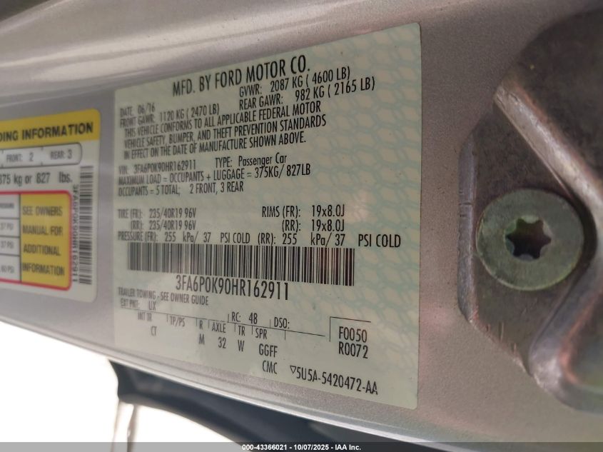 2017 Ford Fusion Titanium VIN: 3FA6P0K90HR162911 Lot: 43366021