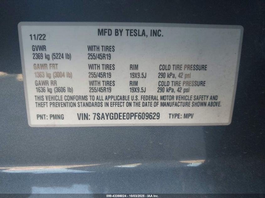 2023 Tesla Model Y Awd/Long Range Dual Motor All-Wheel Drive VIN: 7SAYGDEE0PF609629 Lot: 43366024