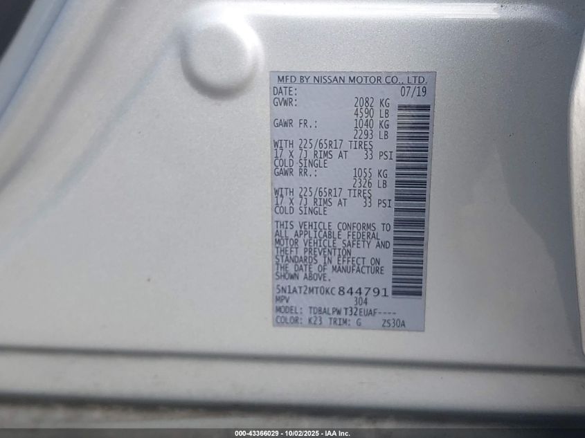 2019 Nissan Rogue S VIN: 5N1AT2MT0KC844791 Lot: 43366029