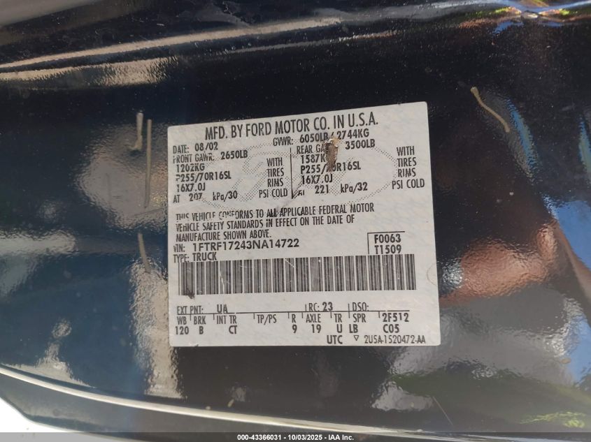 2003 Ford F-150 Xl/Xlt VIN: 1FTRF17243NA14722 Lot: 43366031