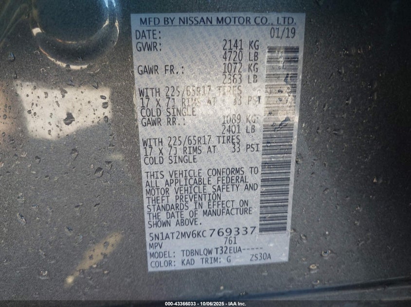 2019 NISSAN ROGUE SV 5N1AT2MV6KC769337