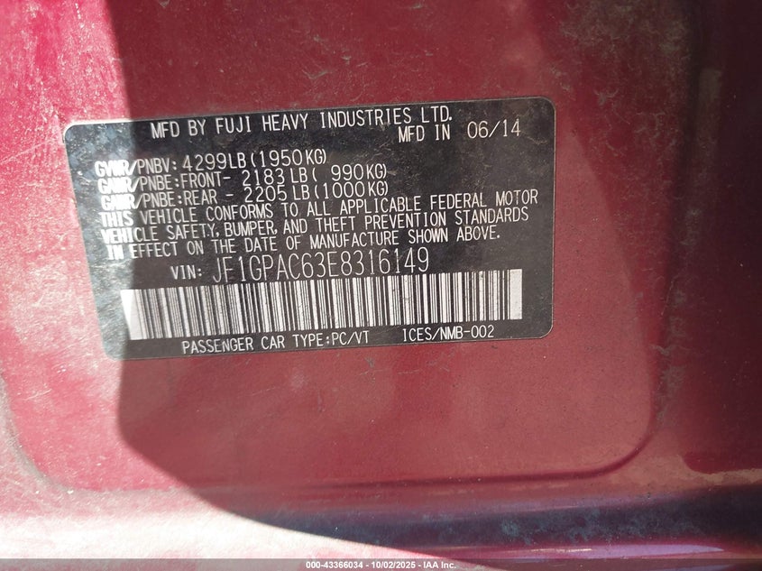 2014 SUBARU IMPREZA 2.0I PREMIUM JF1GPAC63E8316149