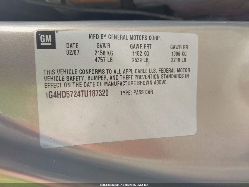 2007 Buick Lucerne Cxl VIN: 1G4HD57247U187320 Lot: 43366060