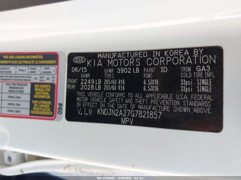 2016 Kia Soul VIN: KNDJN2A27G7821857 Lot: 43366062