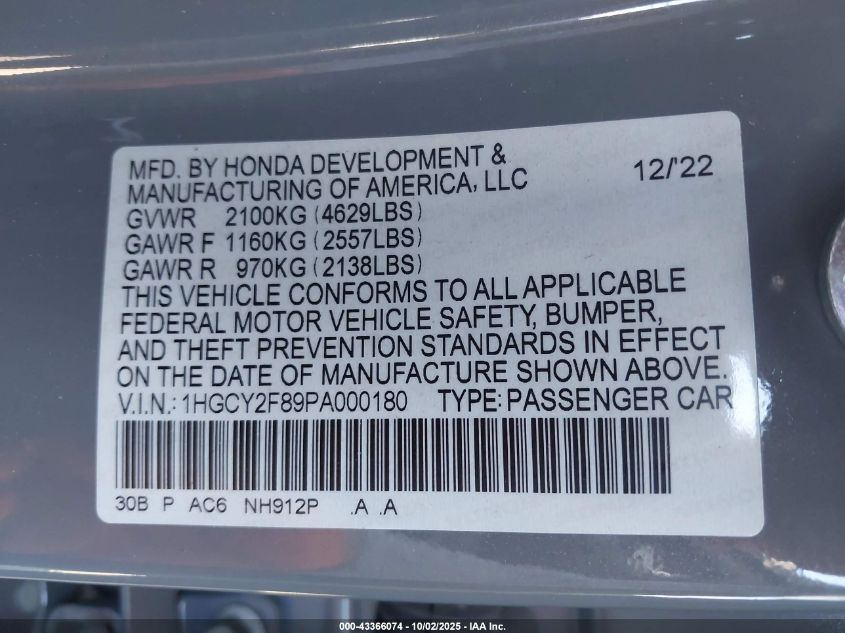 2023 Honda Accord Hybrid Touring VIN: 1HGCY2F89PA000180 Lot: 43366074