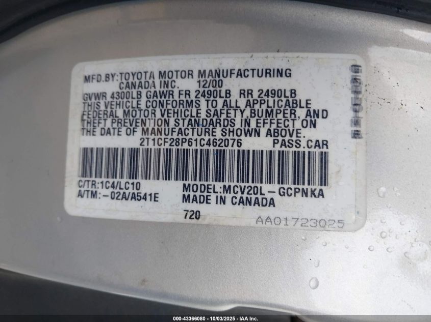 2001 Toyota Camry Solara Sle V6 VIN: 2T1CF28P61C462076 Lot: 43366080