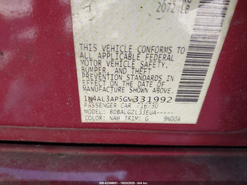 2016 Nissan Altima 2.5/2.5 S/2.5 Sl/2.5 Sr/2.5 Sv VIN: 1N4AL3AP5GN331992 Lot: 43366081