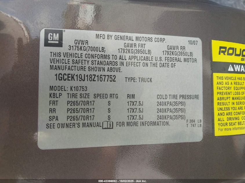 2008 Chevrolet Silverado 1500 Lt2 VIN: 1GCEK19J18Z167752 Lot: 43366082