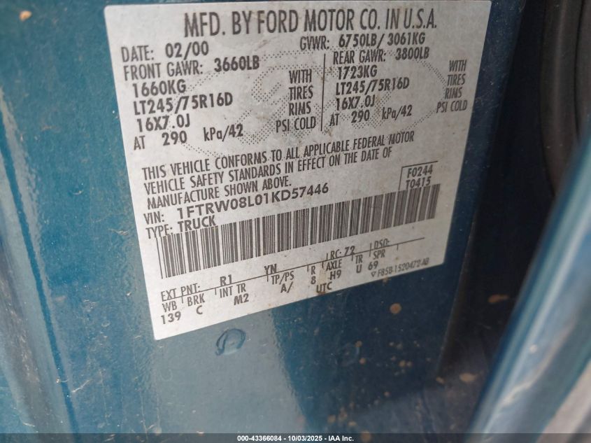 2001 Ford F-150 King Ranch Edition/Lariat/Xlt VIN: 1FTRW08L01KD57446 Lot: 43366084