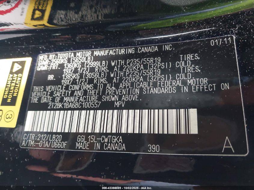 2011 Lexus Rx 350 VIN: 2T2BK1BA6BC100557 Lot: 43366089