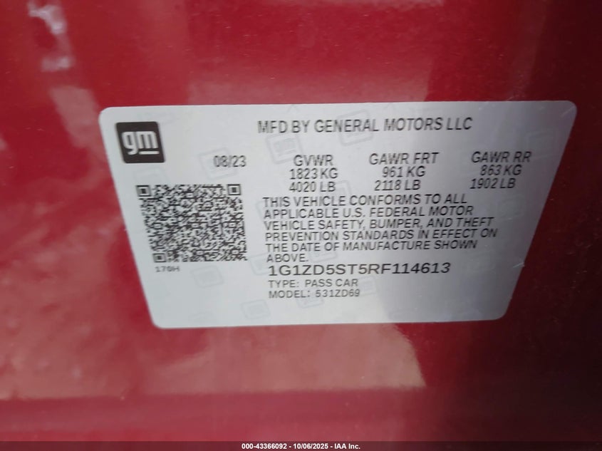 2024 Chevrolet Malibu Fwd 1Lt VIN: 1G1ZD5ST5RF114613 Lot: 43366092