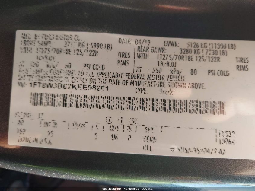 2019 Ford F-350 Xlt VIN: 1FT8W3B62KEE98261 Lot: 43366101