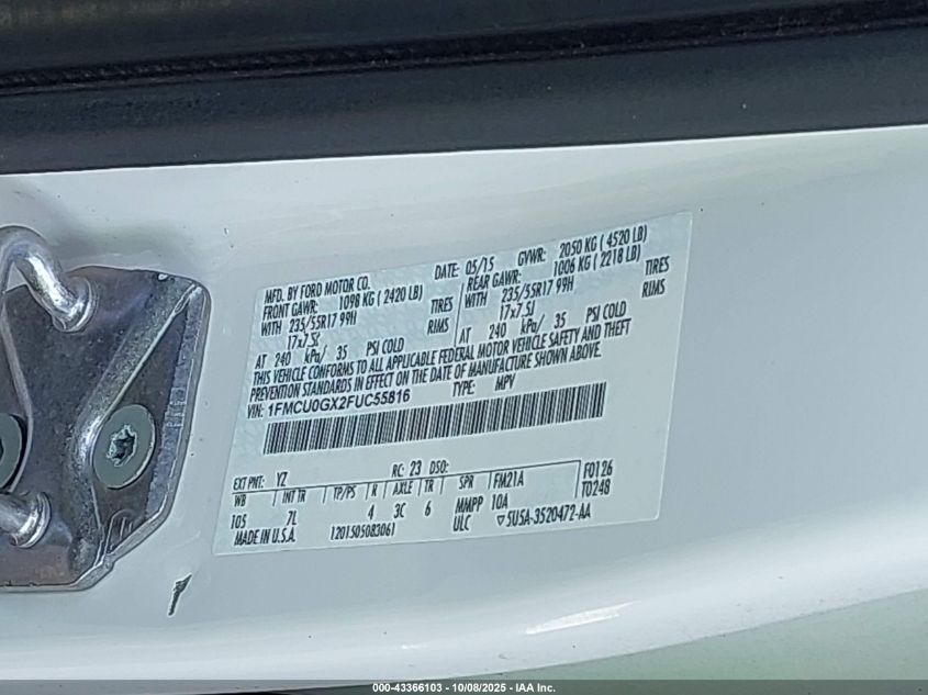 2015 Ford Escape Se VIN: 1FMCU0GX2FUC55816 Lot: 43366103