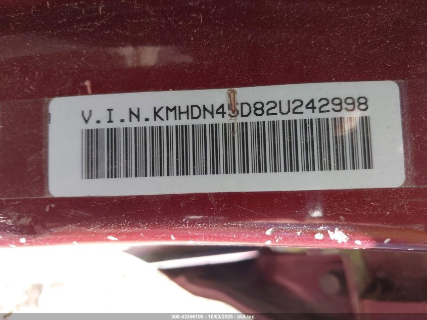 2002 Hyundai Elantra Gls VIN: KMHDN45D82U242998 Lot: 43366105