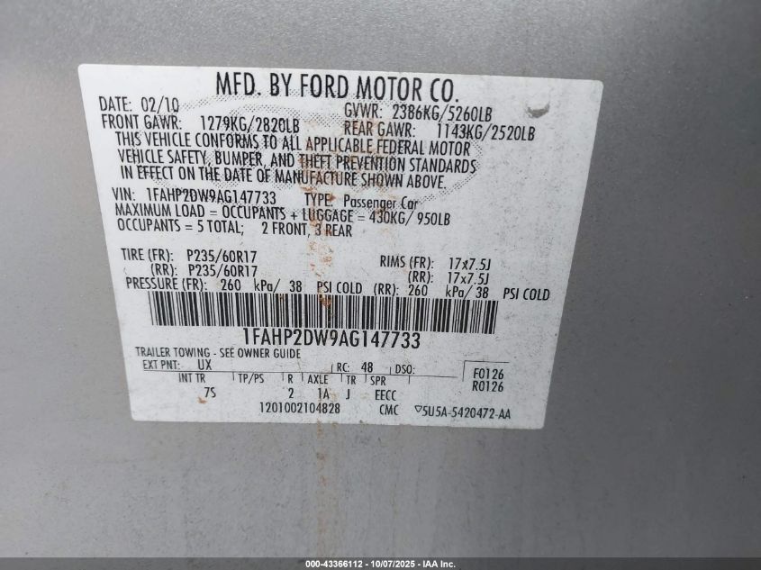 2010 Ford Taurus Se VIN: 1FAHP2DW9AG147733 Lot: 43366112