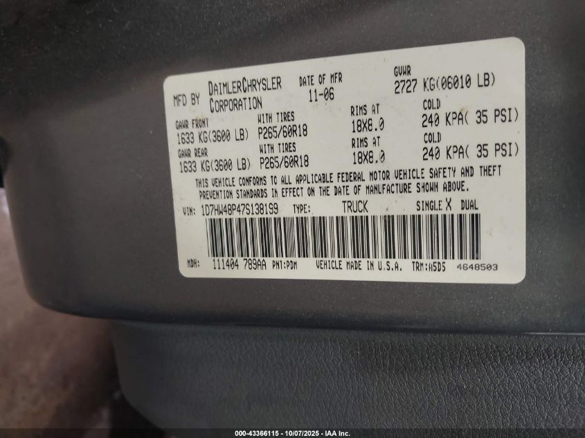 2007 Dodge Dakota Slt VIN: 1D7HW48P47S138199 Lot: 43366115