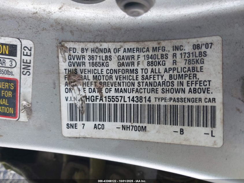 2007 Honda Civic Lx VIN: 1HGFA15557L143814 Lot: 43366122