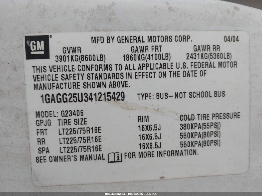 2004 Chevrolet Express VIN: 1GAGG25U341215429 Lot: 43366124