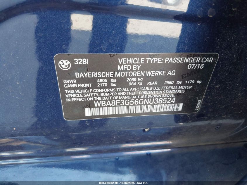 2016 BMW 328I xDrive VIN: WBA8E3G56GNU38524 Lot: 43366130