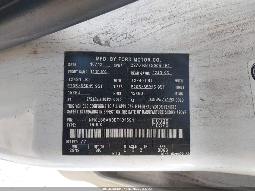 2013 Ford Transit Connect Xl VIN: NM0LS6AN3DT131591 Lot: 43366131