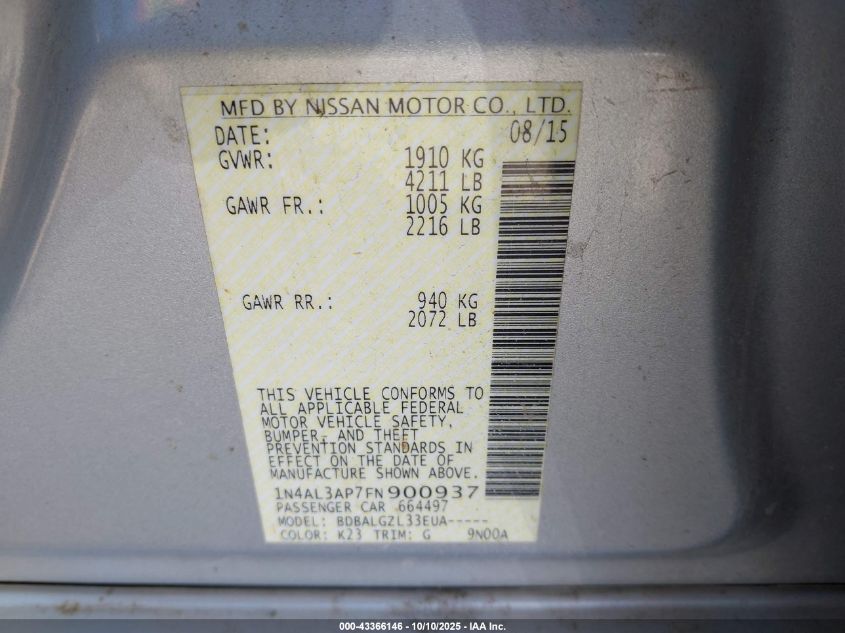 2015 Nissan Altima 2.5/2.5 S/2.5 Sl/2.5 Sv VIN: 1N4AL3AP7FN900937 Lot: 43366146