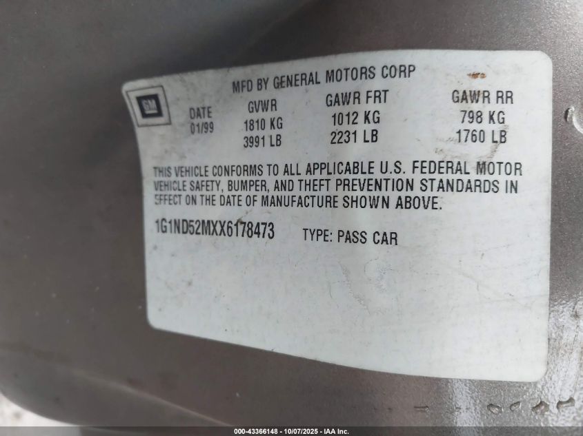 1999 Chevrolet Malibu VIN: 1G1ND52MXX6178473 Lot: 43366148