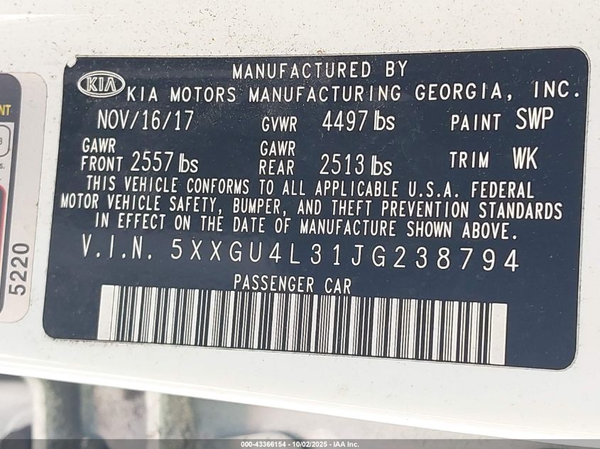 2018 Kia Optima Ex VIN: 5XXGU4L31JG238794 Lot: 43366154