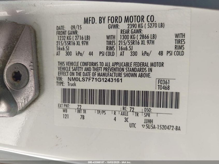 2016 Ford Transit Connect Xlt VIN: NM0LS7F71G1243161 Lot: 43366157