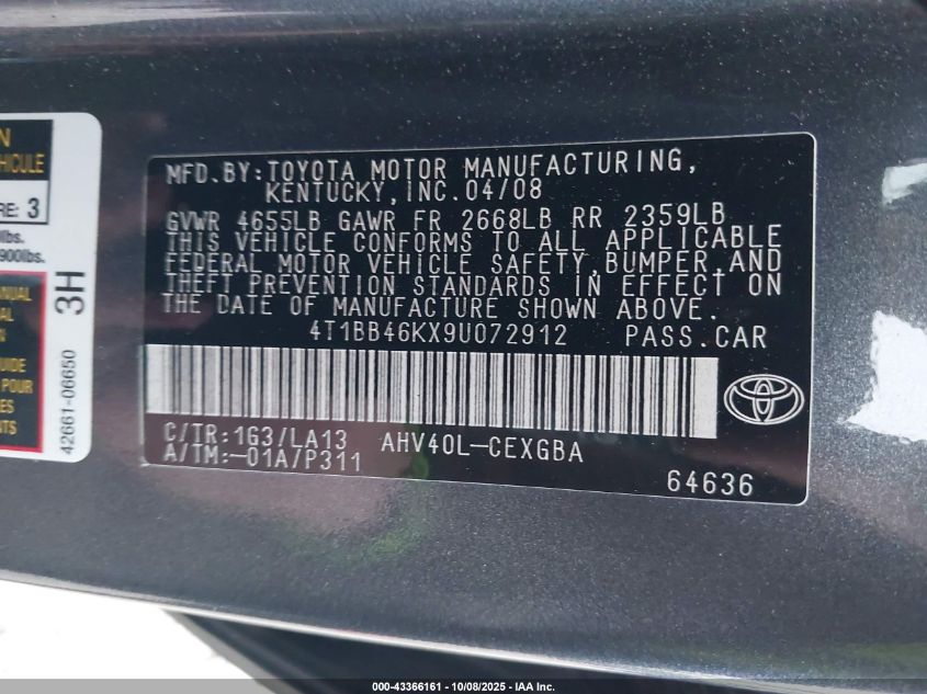 2009 Toyota Camry Hybrid VIN: 4T1BB46KX9U072912 Lot: 43366161