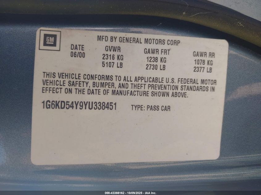 2000 Cadillac Deville Standard VIN: 1G6KD54Y9YU338451 Lot: 43366162
