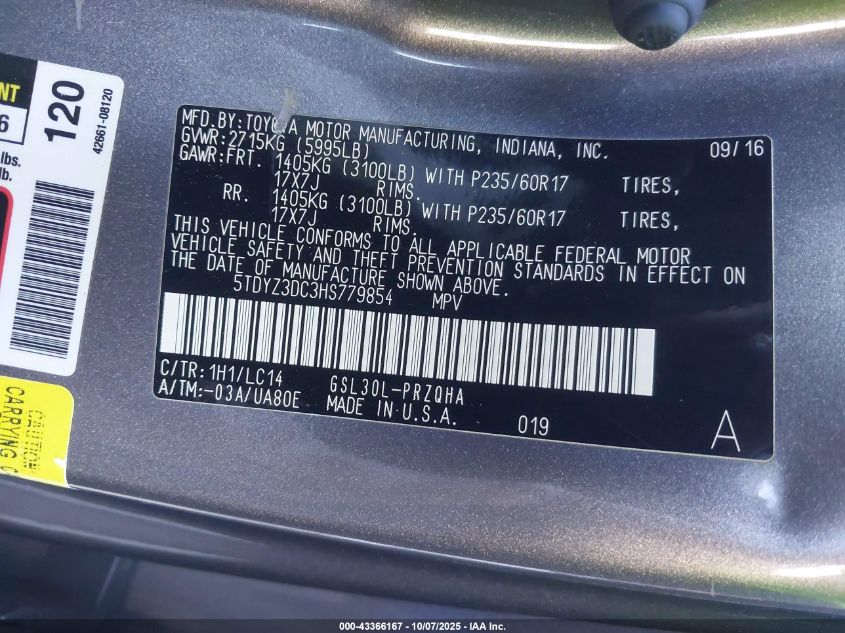 2017 Toyota Sienna Xle Premium 8 Passenger VIN: 5TDYZ3DC3HS779854 Lot: 43366167