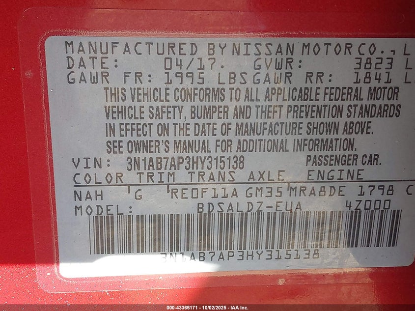 2017 NISSAN SENTRA SV - 3N1AB7AP3HY315138