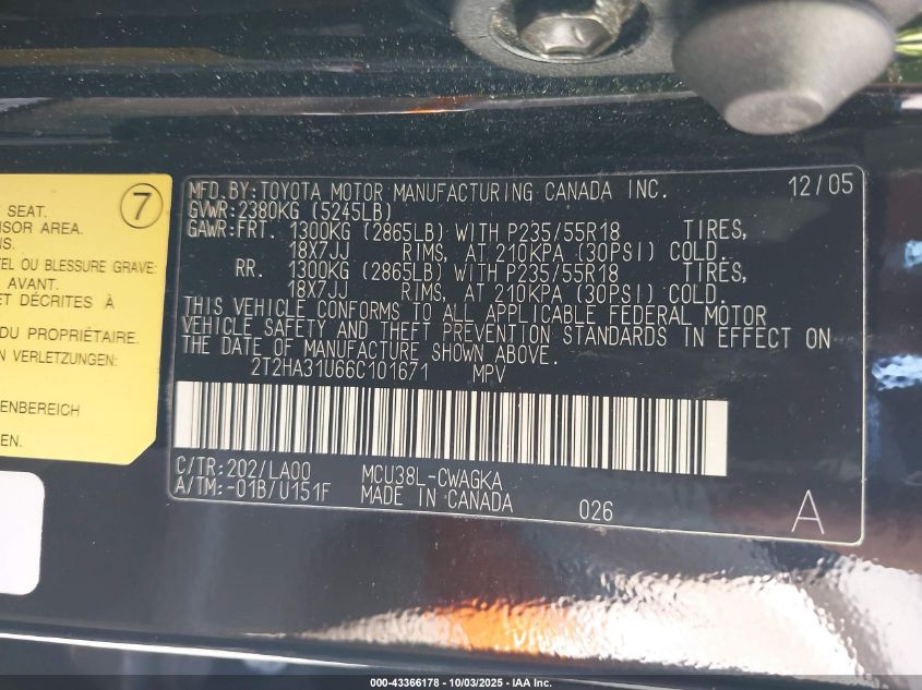 2006 Lexus Rx 330 VIN: 2T2HA31U66C101671 Lot: 43366178