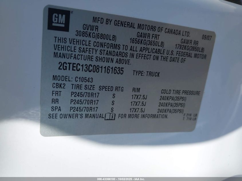 2008 GMC Sierra 1500 Sl VIN: 2GTEC13C081161635 Lot: 43366180