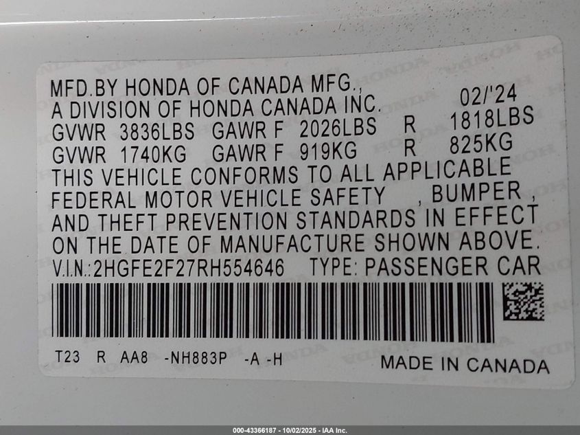 2024 Honda Civic Lx VIN: 2HGFE2F27RH554646 Lot: 43366187