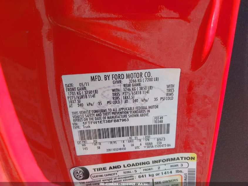 2011 Ford F-150 Fx4 VIN: 1FTFW1ET3BFB87963 Lot: 43366204