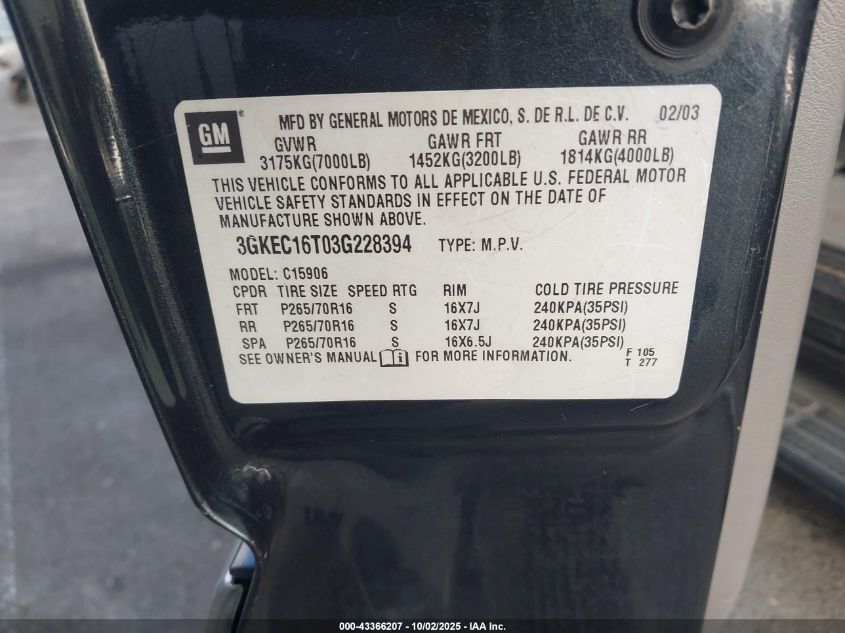 2003 GMC Yukon Xl 1500 Slt VIN: 3GKEC16T03G228394 Lot: 43366207