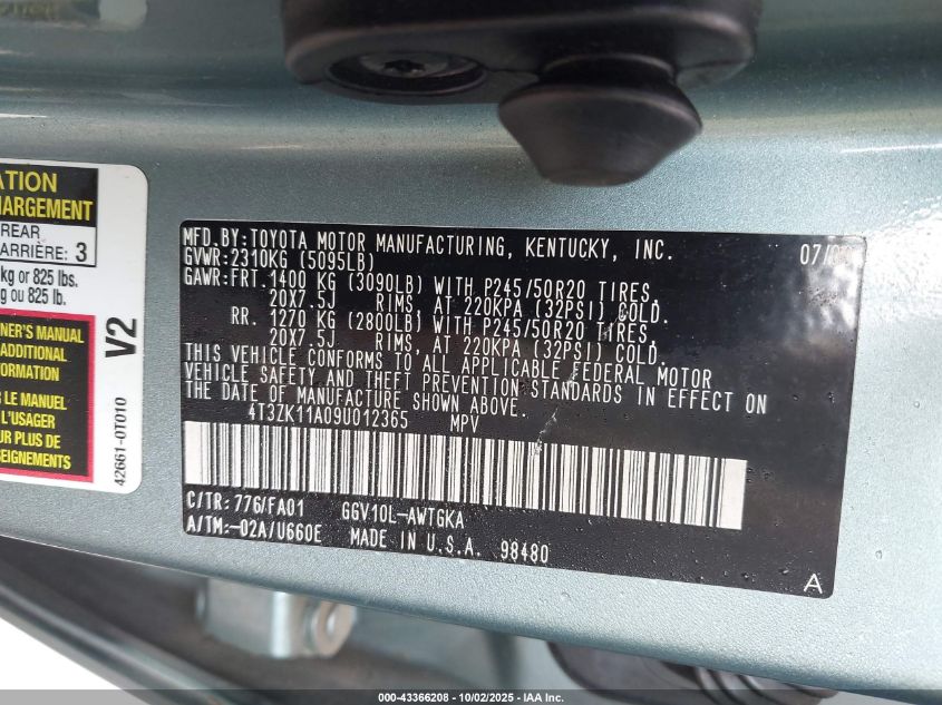 2009 Toyota Venza Base V6 VIN: 4T3ZK11A09U012365 Lot: 43366208