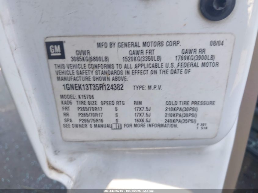 2005 Chevrolet Tahoe Z71 VIN: 1GNEK13T35R124382 Lot: 43366216