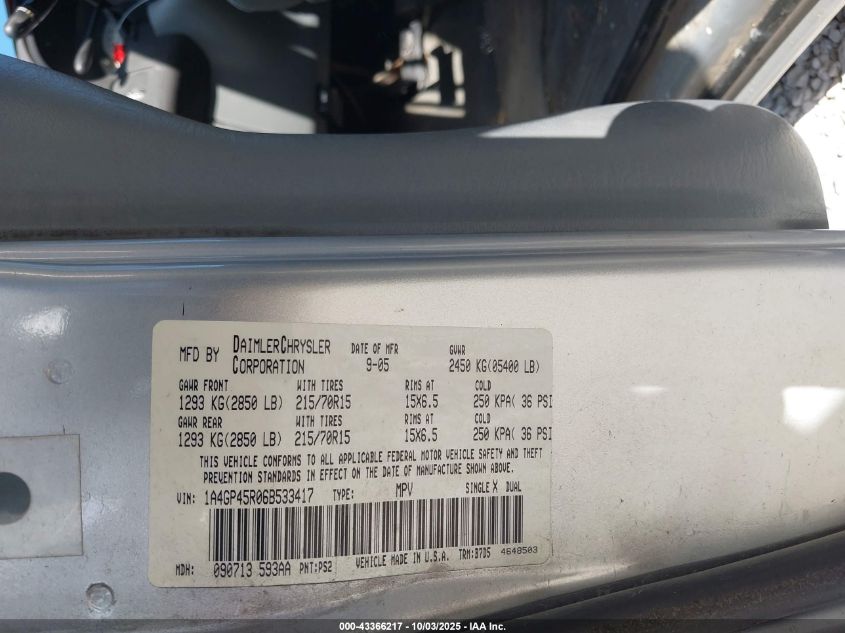 2006 Chrysler Town & Country VIN: 1A4GP45R06B533417 Lot: 43366217