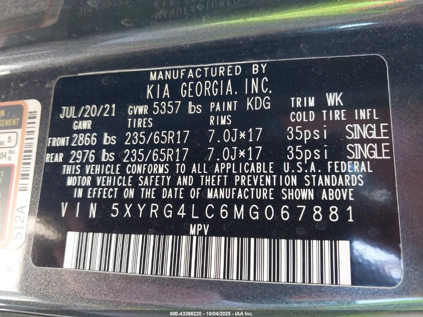 2021 Kia Sorento Lx VIN: 5XYRG4LC6MG067881 Lot: 43366220