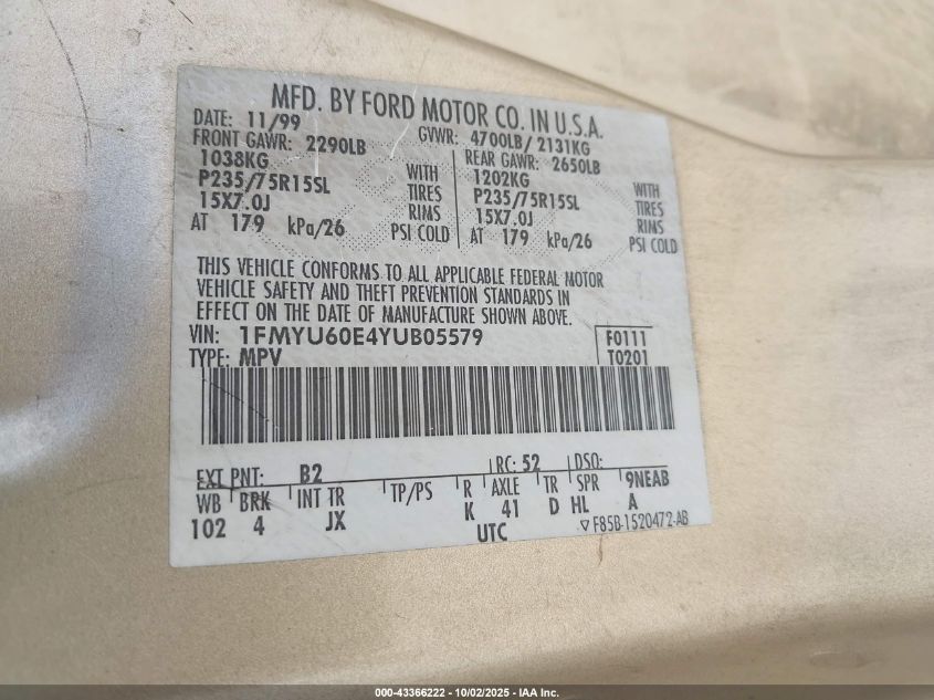 2000 Ford Explorer Sport VIN: 1FMYU60E4YUB05579 Lot: 43366222